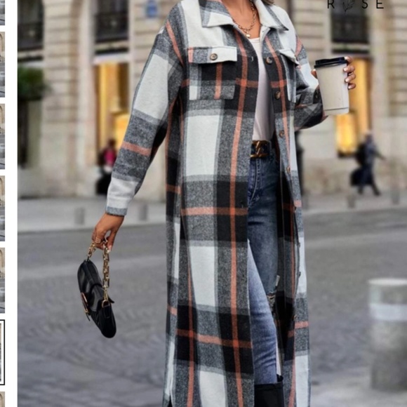 Womens Plaid Double Pocket Long Button Front Coat sz small EUC - Picture 2 of 8